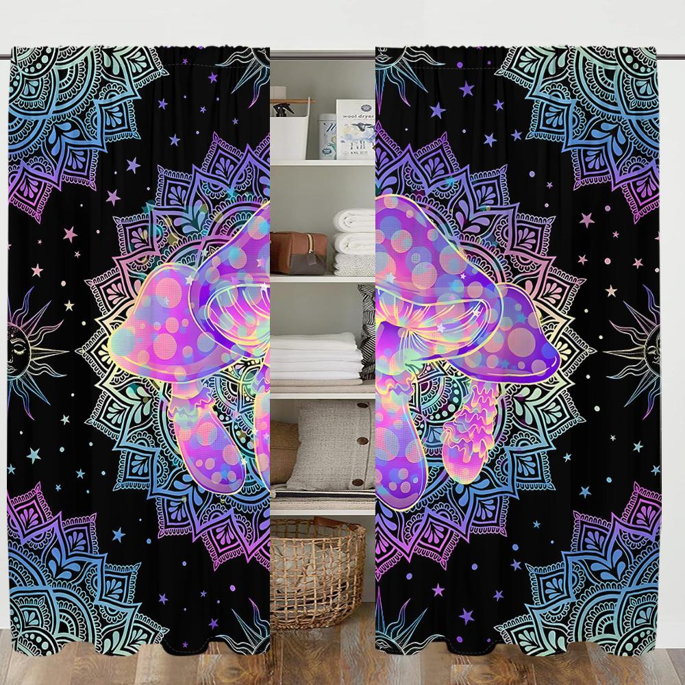 2 Pieces, Bohemian Mandala Psychedelic Mushroom Curtains -30% Blackout - Suitable for Living Room, Bedroom and Home Decoration.