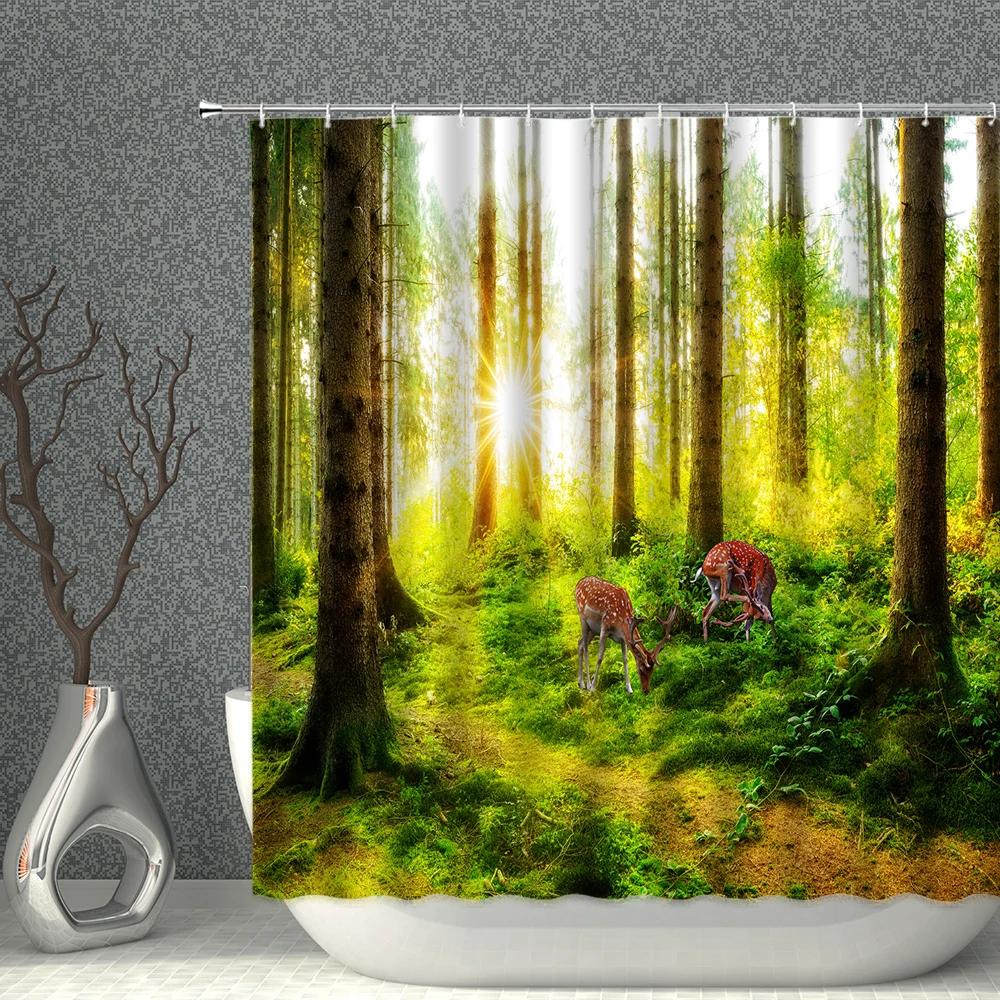 Animals Landscape Shower Curtain Set Wild Elk Forest Trees Green Plants Grassland Home bathroom Decor Hanging curtains Washable
