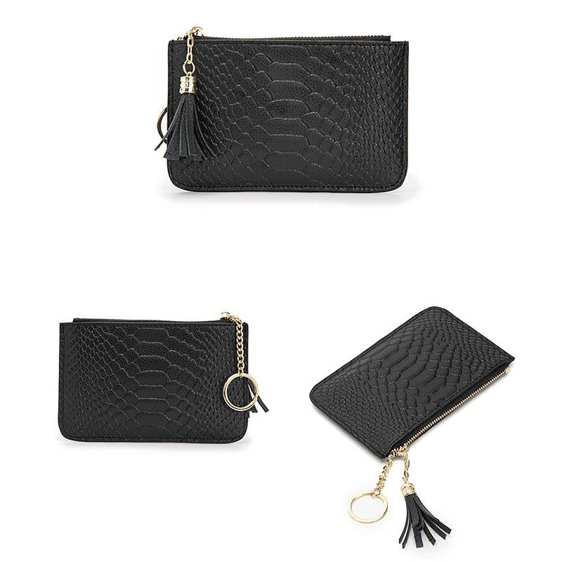Women First Layer Cowhide Leather Short Coin Purse with Zipper and Ring Key - Mini Thin and Snake