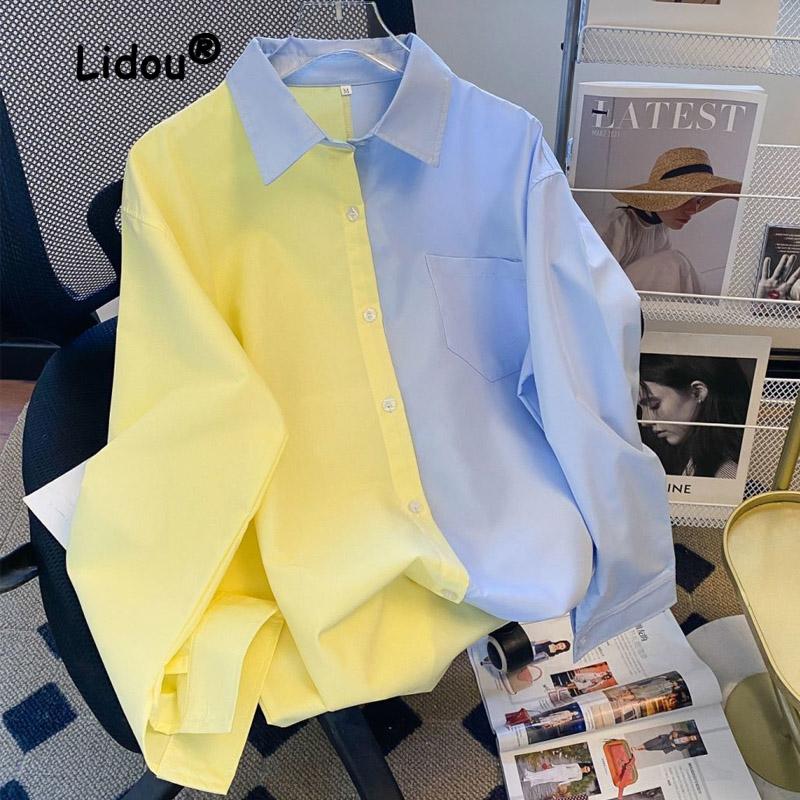 Spring and Autumn New Yellow Collar Blue Shirt Salt Girl Long Sleeve Fashion POLO Collar Loose Korean Casual College Style