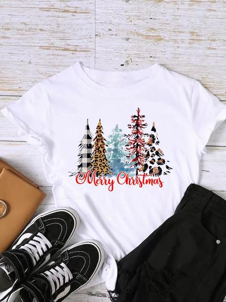 Christmas Womens Round Neck Short Sleeved Christmas Tree Reindeer Print Womens Loose Oversized Comfortable White Tshirt