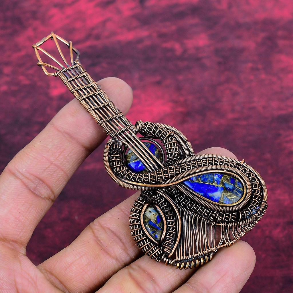 Copper Lapis Lazuli Pendant Guitar Gemstone Jewelry Copper Wire Wrapped Pendant