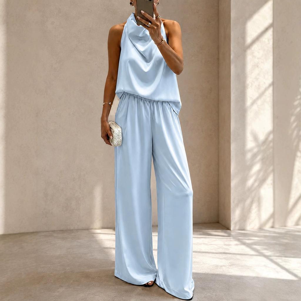 1116 summer new European and American fashion solid color vest and trousers two-piece suit casual women's clothing