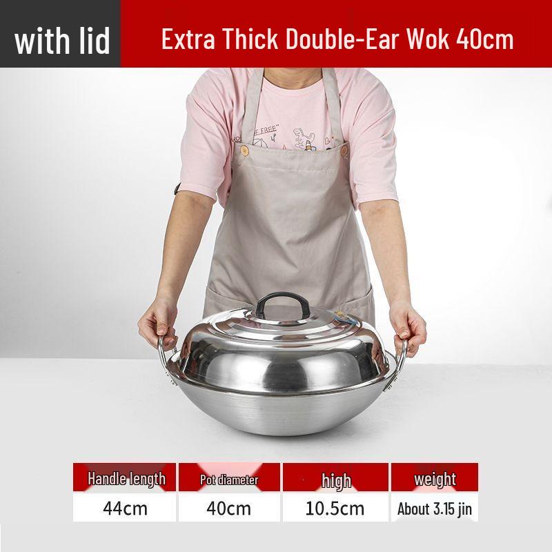Extra Thick Stainless Steel Double Ear Wok - Large Round Bottom Pot for Commercial Kitchens, Gas Stove Compatible