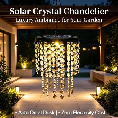 Solar Acrylic Faux Crystal Chandelier Waterproof Outdoor Hanging Lamp Luxury Warm Ambience Light for Garden Patio Yard Pathway Holiday Decor