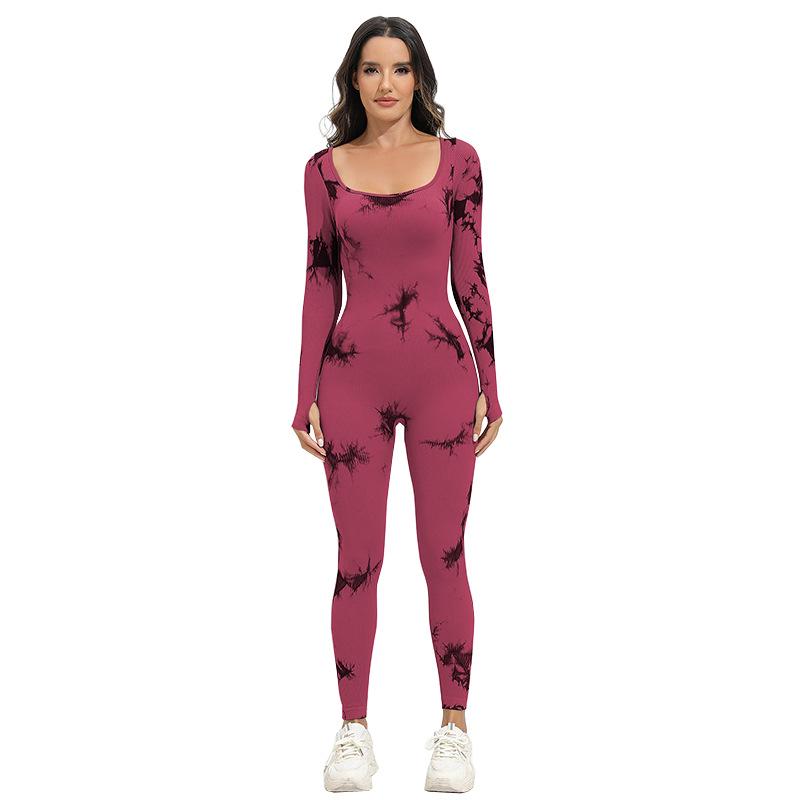 Tie-Dye Square Neck Long-Sleeve Seamless Yoga Jumpsuit