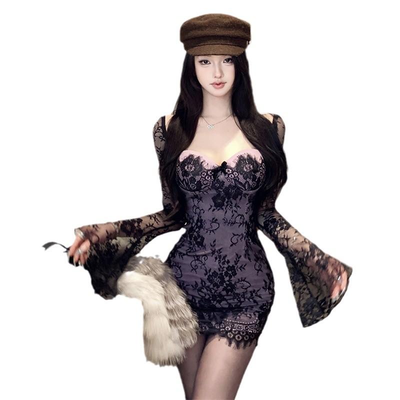 Rochie sexy cu imprimeu de dantelă și mânecă lungă, croială slim, pentru femei