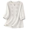 Blusa de Algodón y Lino para Mujer Bordada Floral Cuello en V Manga 3/4 Tops Casuales de Corte Holgado Camisas Tunica para Oficina Vacaciones Streetwear
