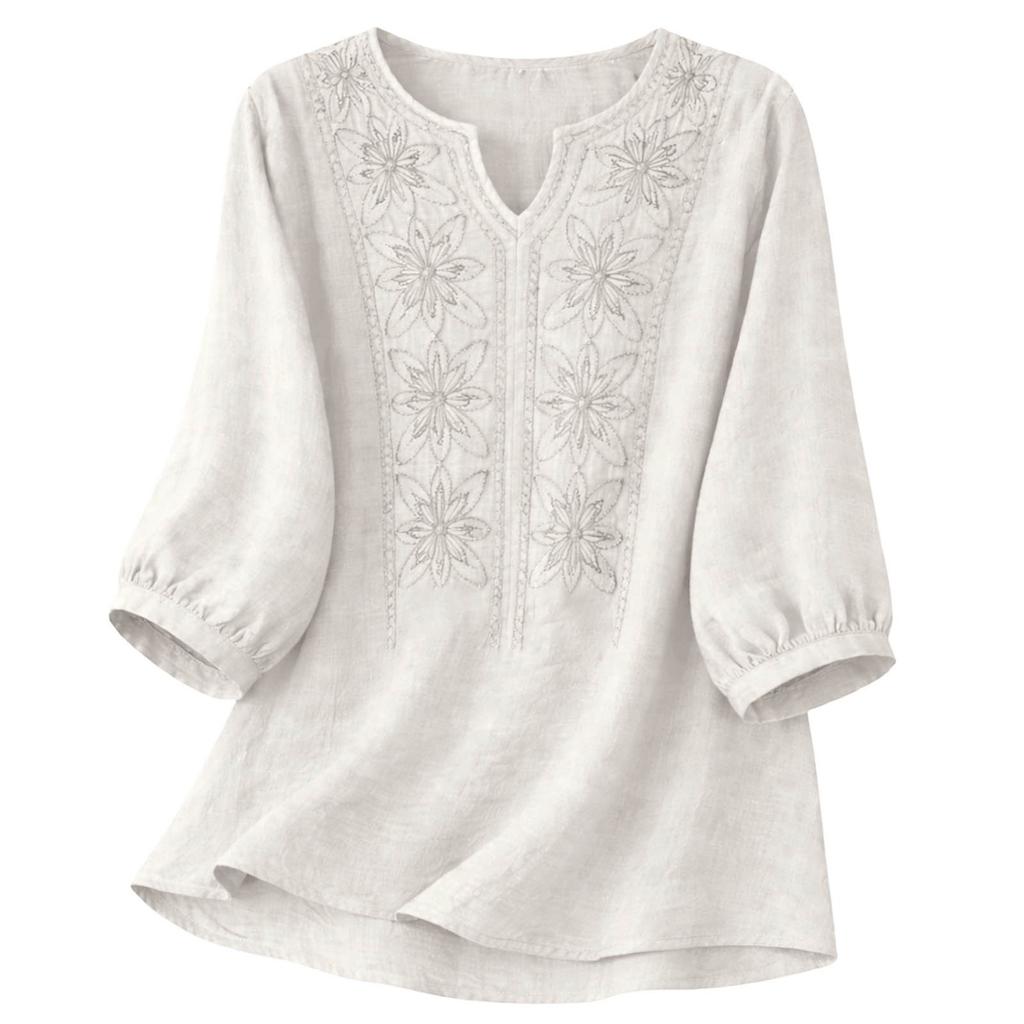 Blusa de Algodón y Lino para Mujer Bordada Floral Cuello en V Manga 3/4 Tops Casuales de Corte Holgado Camisas Tunica para Oficina Vacaciones Streetwear