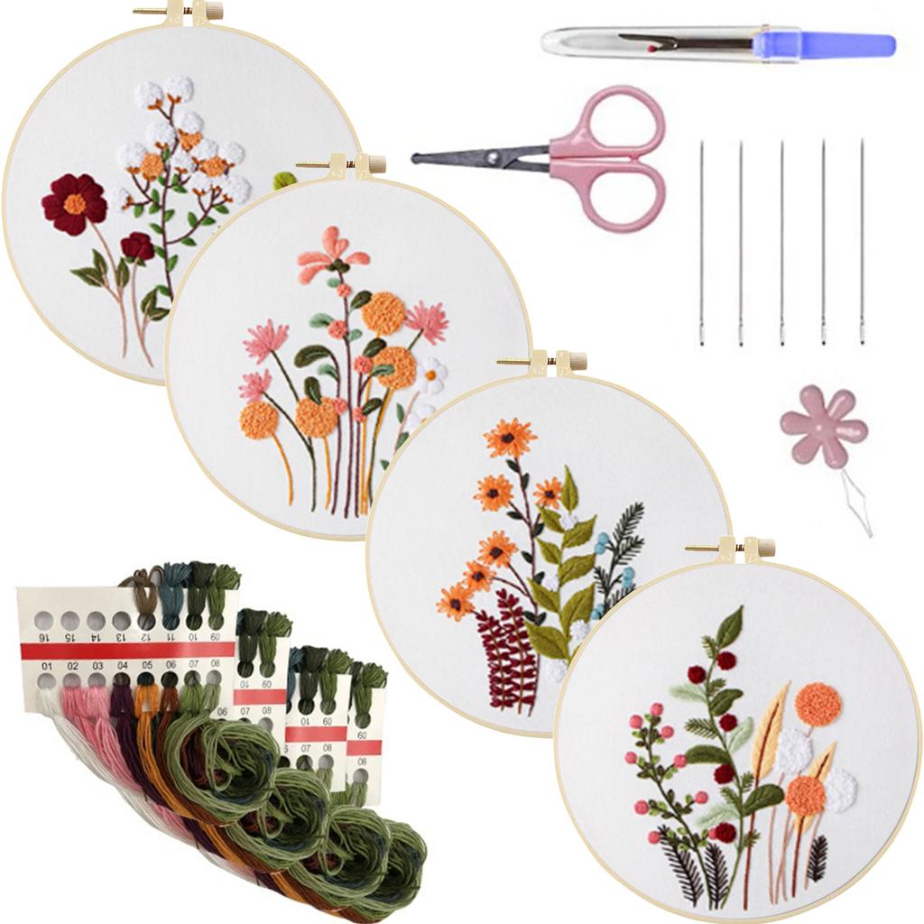 4 Pack Flowers DIY Embroidery Kit with Embroidery Hoop Embroidery Starter Kit 30x30cm for Adult Beginners Gift for Women