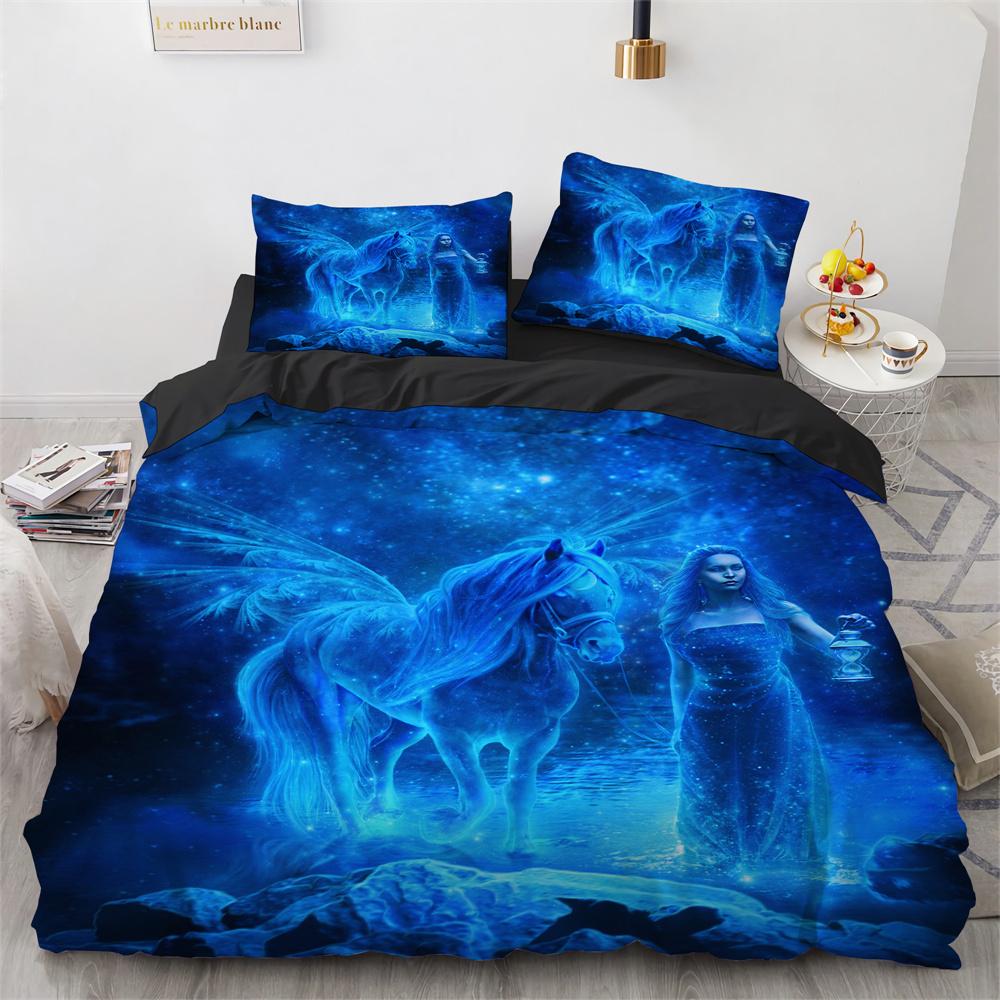 Blue Unicorn Duvet Cover Set Wild Animals Horse Polyester Bedding Set King Queen Full Size For Kids Boys Girls Comforter Cover