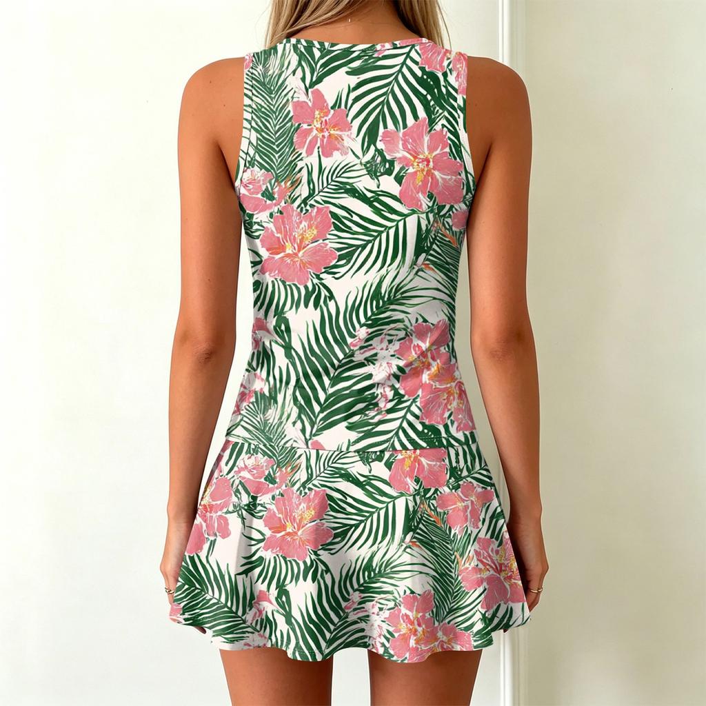 Sleeveless Tank Dress for Women with Leaf Print Casual Fit and Flare Style Lightweight Soft Fabric Summer Wear