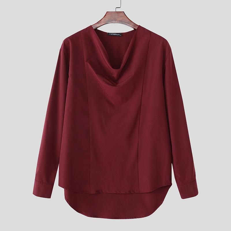 

INCERUN Oversized Men Swing Collar Long Sleeve Casual Loose Solid Shirts 5XL вина червоного кольору