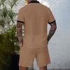 Men's Summer Solid Color Hollow Texture Button Collar Shirt Top Shorts Set