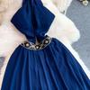 Sexy Backless Halter Neck Dress with Padded Cups for Women Vintage Bohemian Embellished Asymmetrical Elegant Chiffon Midi Dress