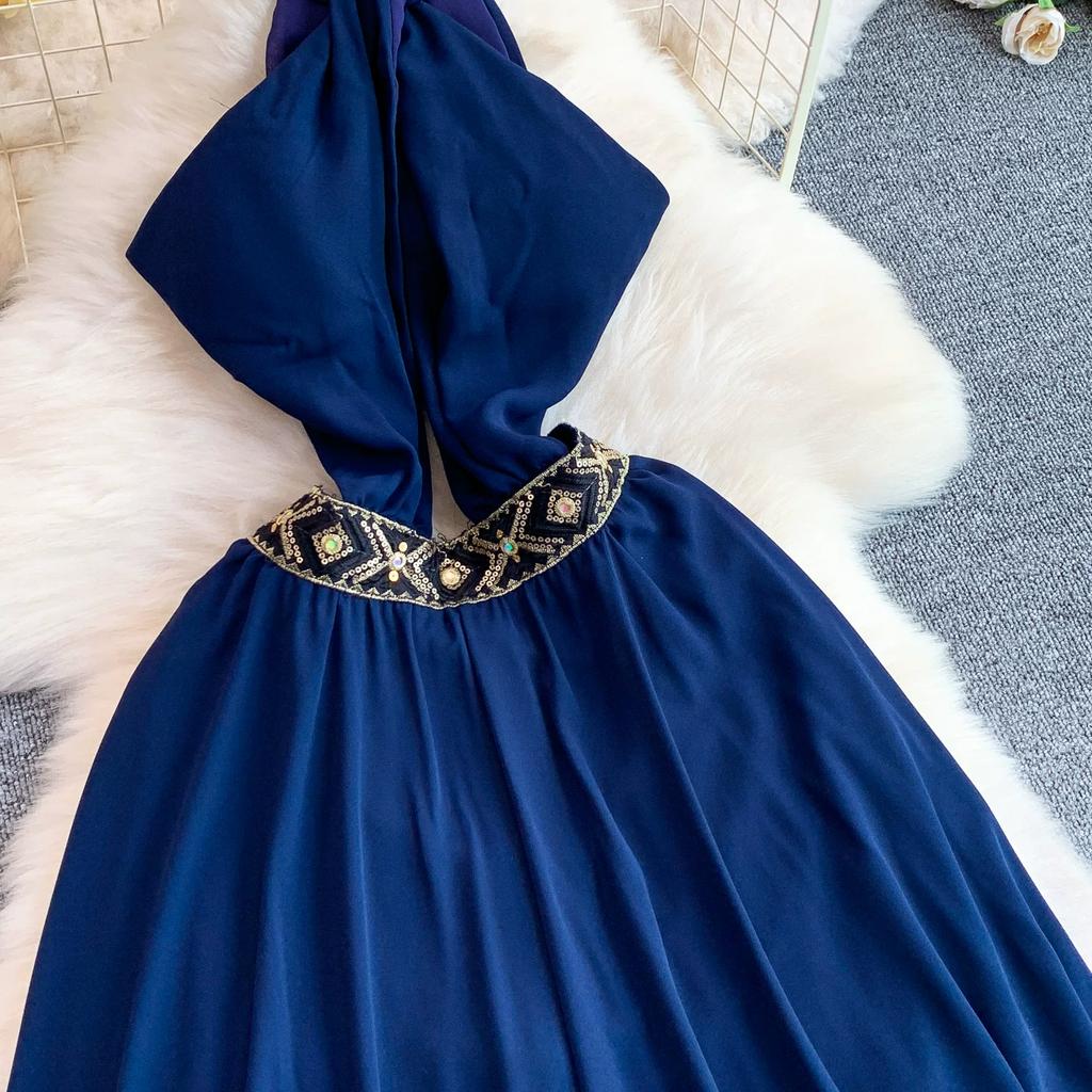 Sexy Backless Halter Neck Dress with Padded Cups for Women Vintage Bohemian Embellished Asymmetrical Elegant Chiffon Midi Dress