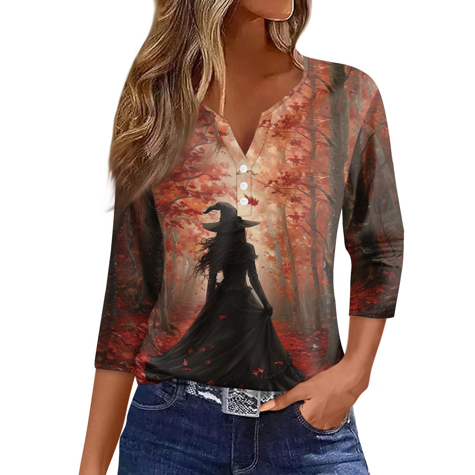 

Женская футболка с принтом на Хэллоуин, на пуговицах, рукав 3/4, повседневная мода на выходные, базовый топ с V-образным вырезом XXL винный