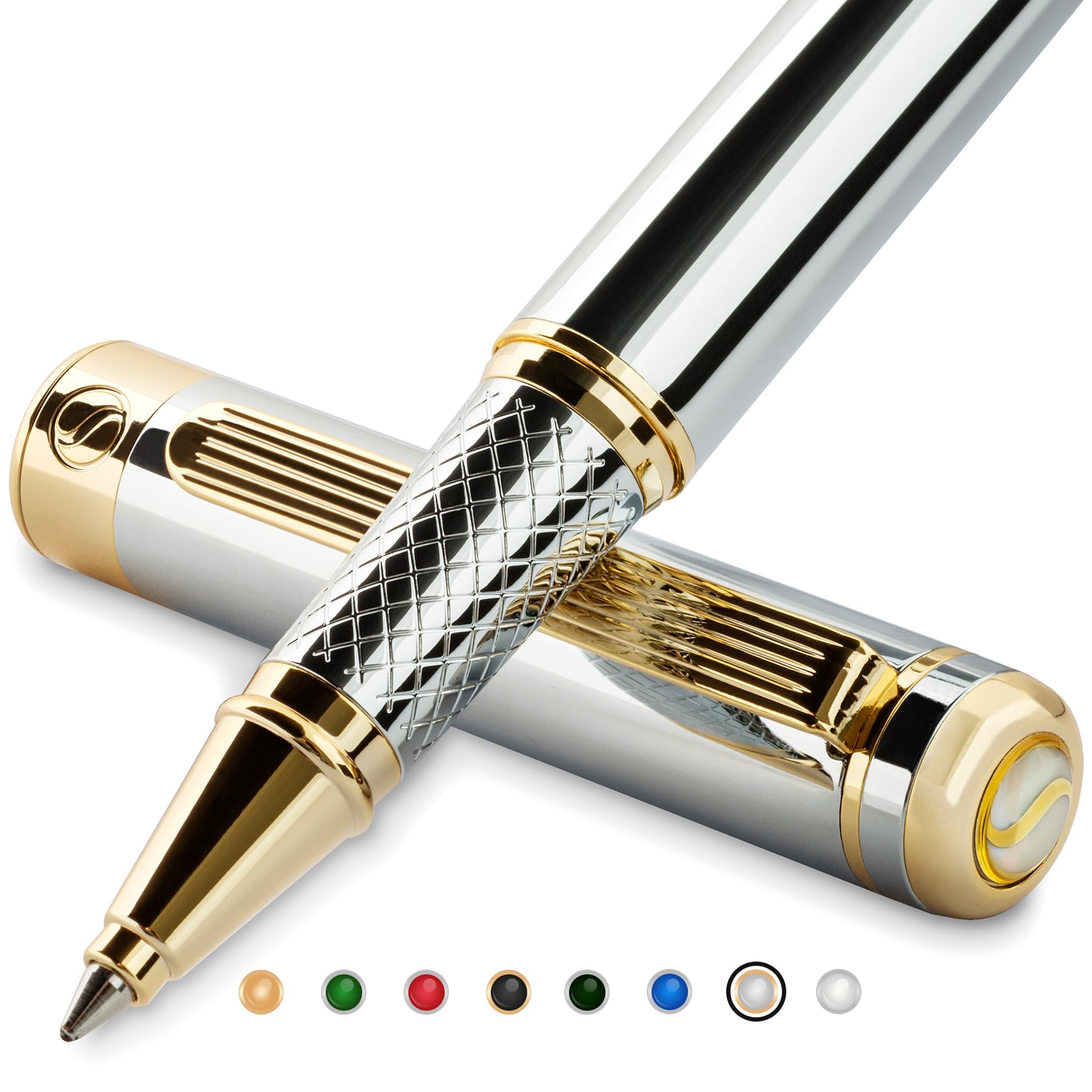 

Scriveiner Premium Rollerball Pen with a 24K Gold Finish and Schmidt Ink Refill (Silver Chrome)