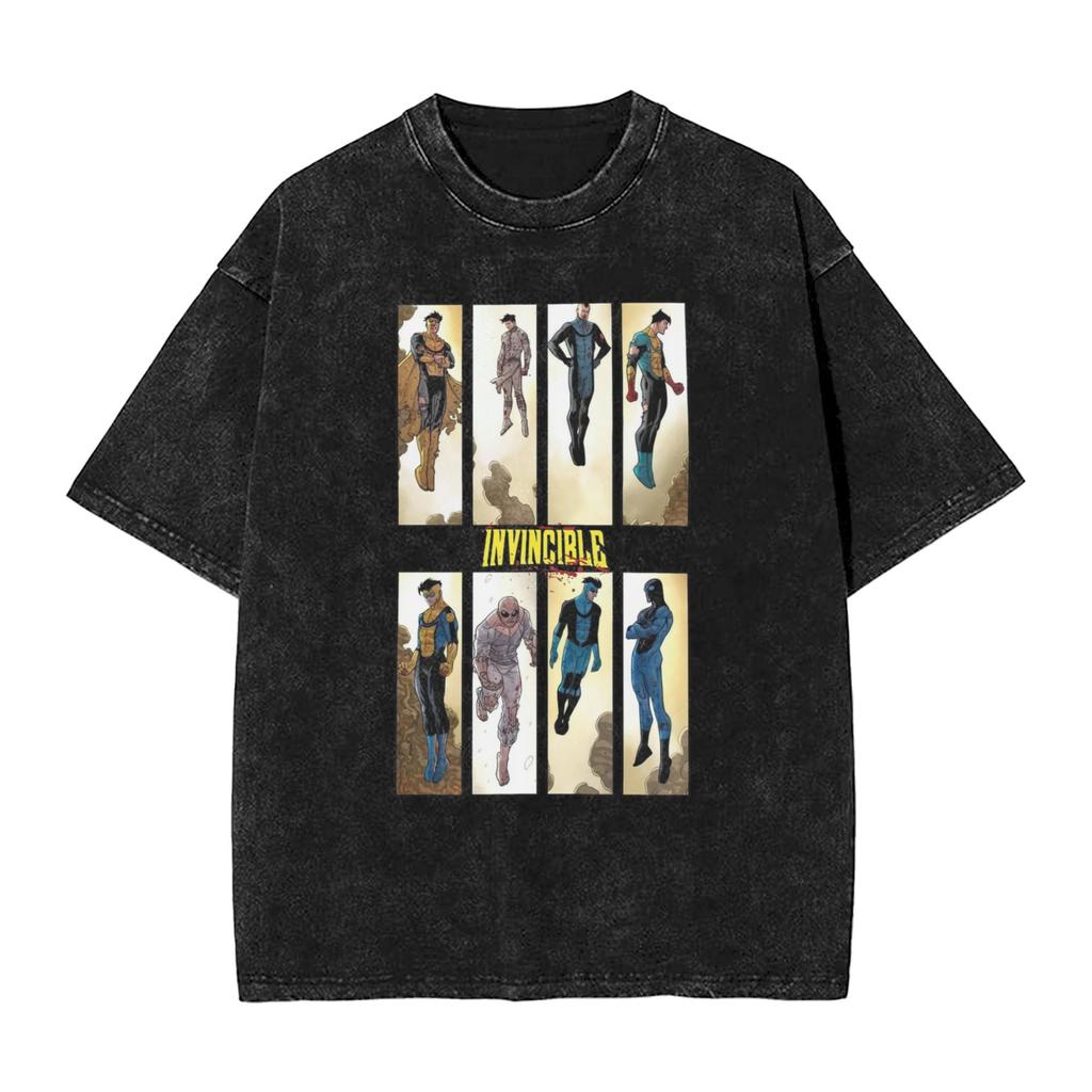 Vintage Washed Oversized TShirt InvincibleSuperhero Print Cotton Casual Short Sleeve Retro Streetwear Tee for Men Women
