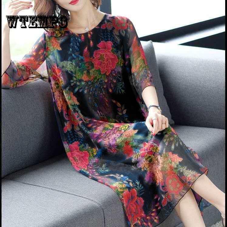 

Women s Elegant Floral Print Mesh Panel Chiffon Dress - Three-Quarter Sleeve A-Line Mid-Length, for Spring Summer Fall Casual & Formal Event 5XL