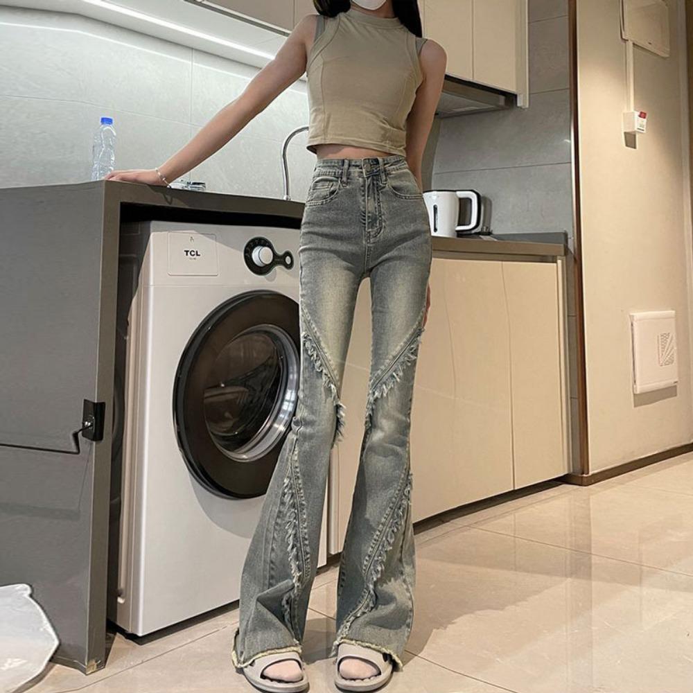 

Spring and autumn new high-waisted elastic burr-edge slightly pulled jeans nostalgic horseshoe pants high-waisted flared jeans XL