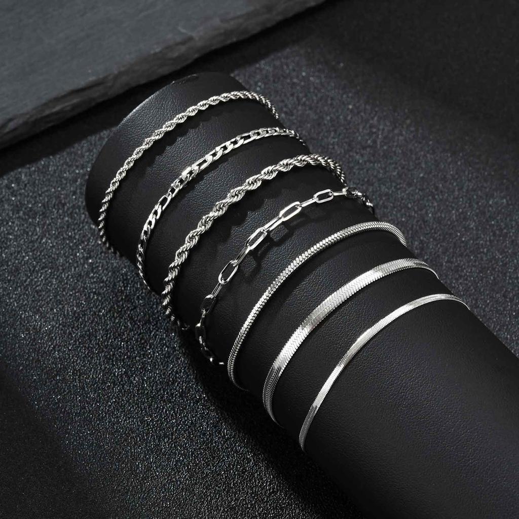 7 Stück/Set Einfaches Kettengliedarmband für Männer Frauen, Edelstahl Silberfarbene Metallkette Armband, Schmuckset Geschenk für Papa Mama