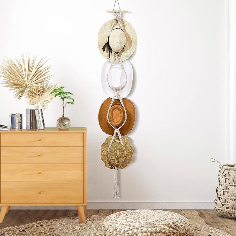 Nordic Style Boho Cotton Rope Hanging Caps Holder Organizer Display Hat Scarf Organizer Rack Macrame Tapestry Hat Hanger