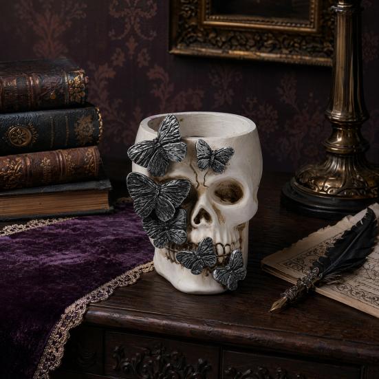 Gothic Butterfly Skull Pen Holder, Spooky Resin Skull Makeup Brush Holder, Multifunctional Halloween Tea Light Candle Holder for Desk, Shelf Decor