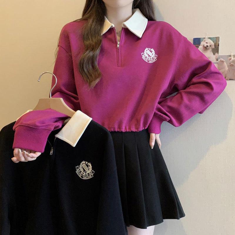

Plus Size Women s Spring 2025 Slimming Rose Red Short Polo Collar Sweatshirt M [for up to 50 kg] розы красного