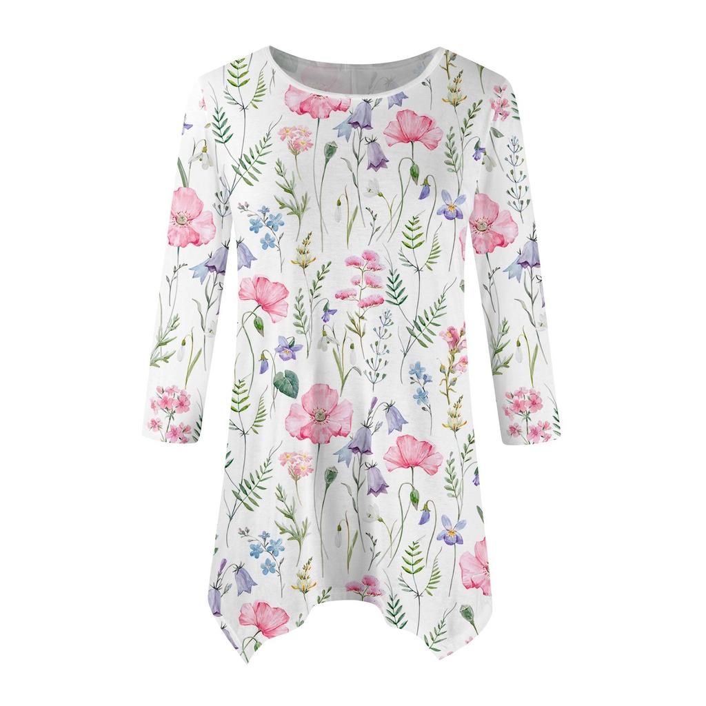 Dámská móda Ležérní tričko s kulatým výstřihem a květinovým potiskem, sedmirukávové, s páskem, volný pohodlný top