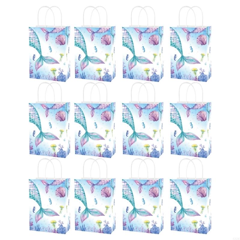 12 Pieces Mermaids Party Bags with Handle for Easy Carrying Gift Packaging Bags 6XDE