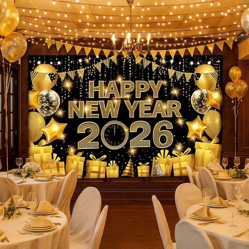 Black Gold 2026 New Year Backdrops Colorful Balloon Night Glittering Celebration Banner Polyester Champagne Party Background