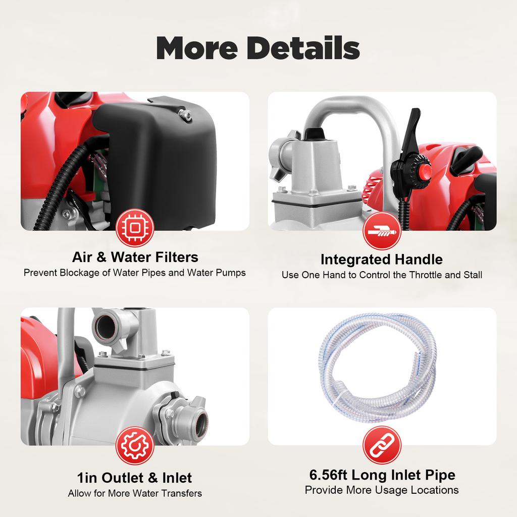 43cc Gasoline Water Pump Portable High Pressure for Farm Garden Irrigation Drainage 1Inch Inlet Outlet 98ft Lift 26ft Suction