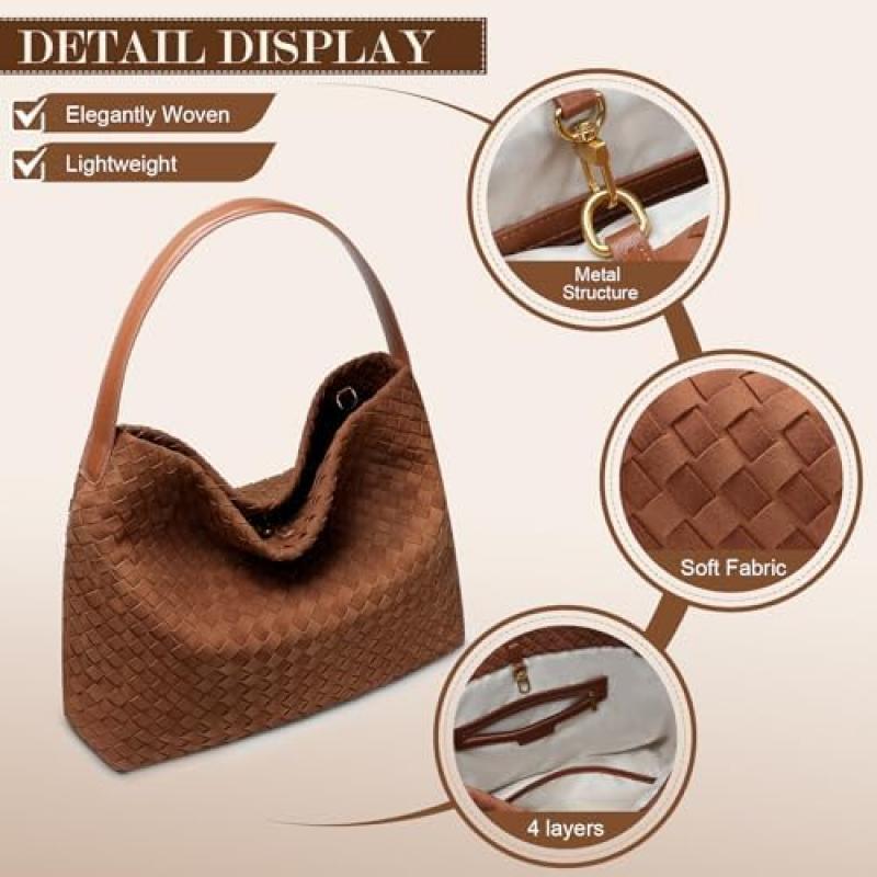 Auluda Braided Suede Shoulder Bag for Women, Elegant Large Tote Hobo Bag, Crossbody Work Travel Purse