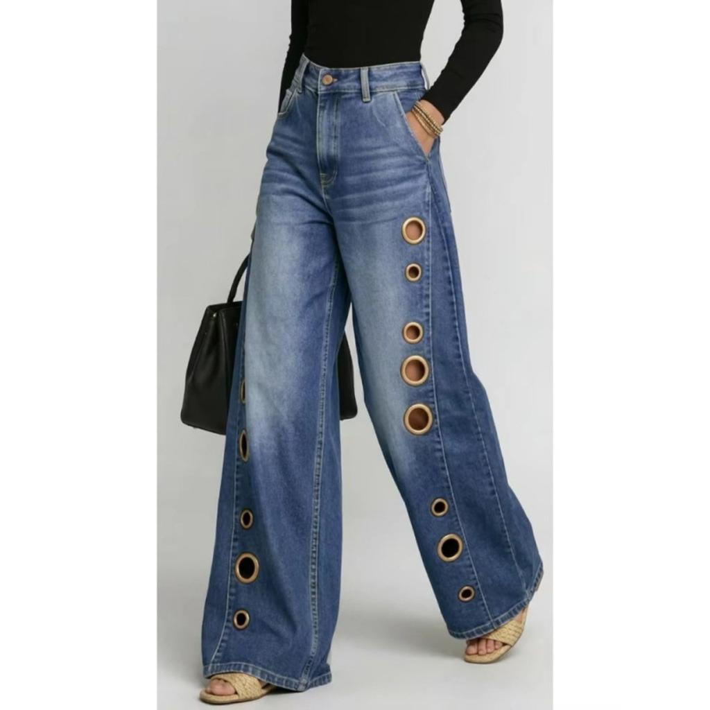 Jeans, Women's Pants, Metal Eyelets Design, Casual Pants, Loose Fit, High Waisted Wide Leg Jeans