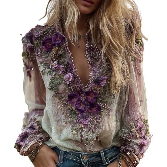 Damska Koszula Oversize z Dekoltem V Długi Rękaw Casualowa Wiosna Jesień Koszula z Wzorem Kwiatowym 3D Luźny Krój Koszula do Codziennego Użytku
