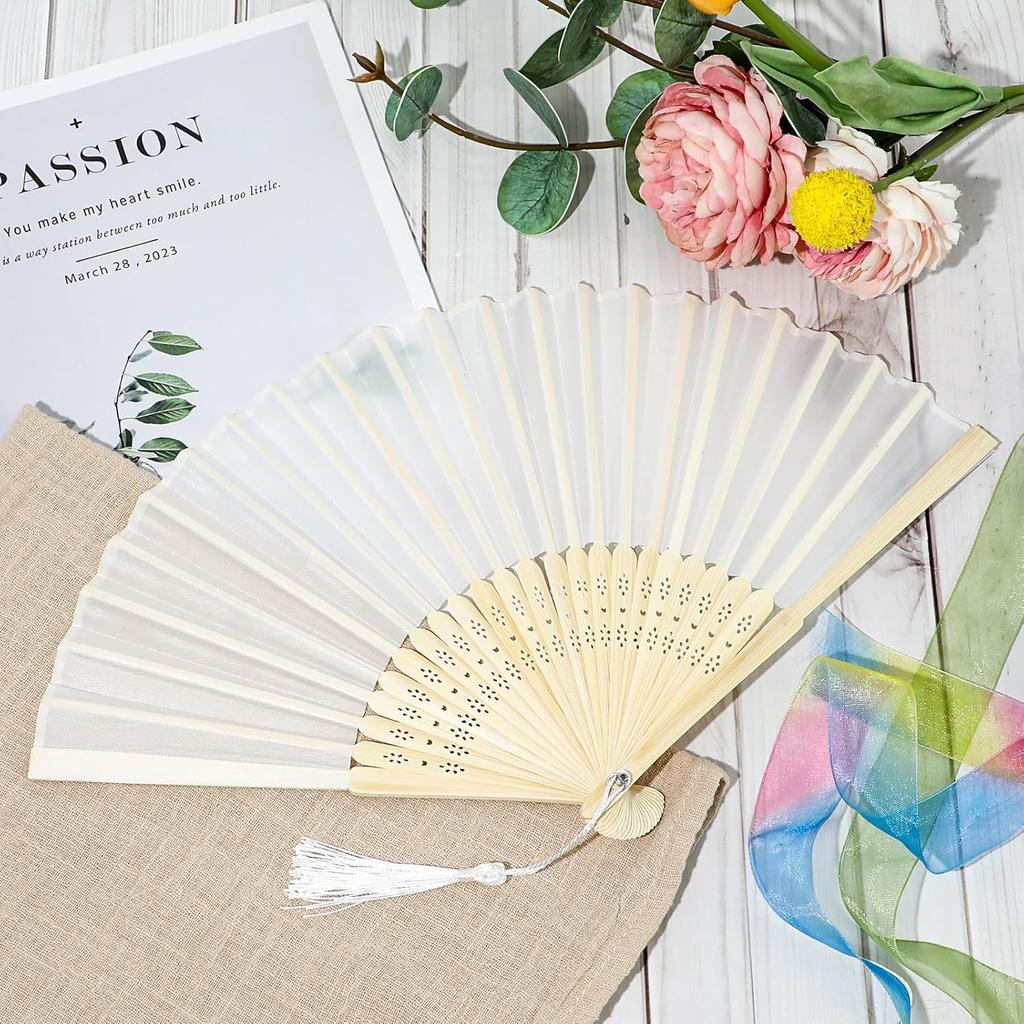 White Folding Hand Fan, Chinese Handheld Fan with Tassel Wooden Charming, DIY Blank Paper Fan Elegant Vintage Retro Style for Women Dance Party Home,