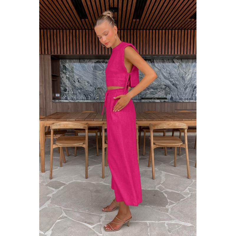 Fashion Cotton-Linen Women Summer Outfit Sleeveless Top And Long Pants Two-Piece Casual Set