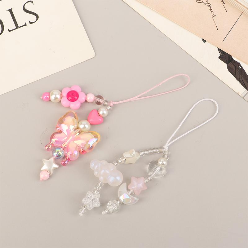 Clear Bead White Star Moon Cloud Cute Phone Charm Strap Keychain Cellphone Flower Lanyard Bag Earphone Camera Pendant