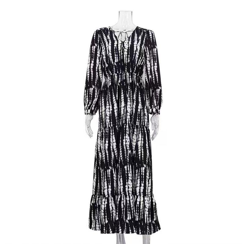 

Fashion Pleating Tie-Dye Print V-neck Sexy Backless Dress Sexy Printed Backless Dress Black L