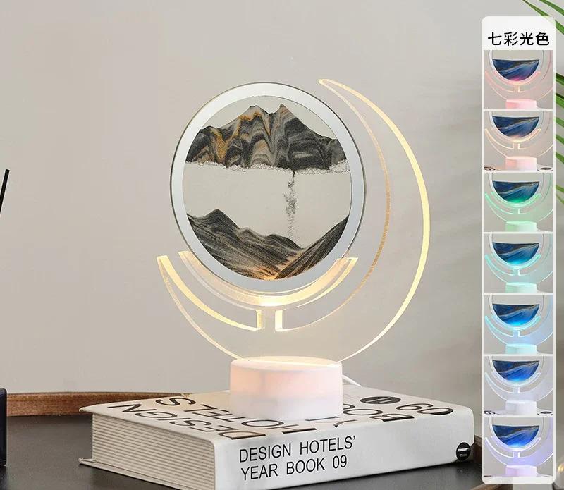3D Sandscape Moving Sand Art Picture Table Lamp with 7 Colors Quicksand Liquid Hourglass Flowing Sand Painting Home Decor Gifts