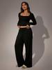 Autumn Casual Long Pants Set Square Neck Long Sleeve Short Top Women Sportswear