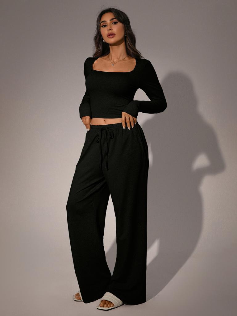 Autumn Casual Long Pants Set Square Neck Long Sleeve Short Top Women Sportswear