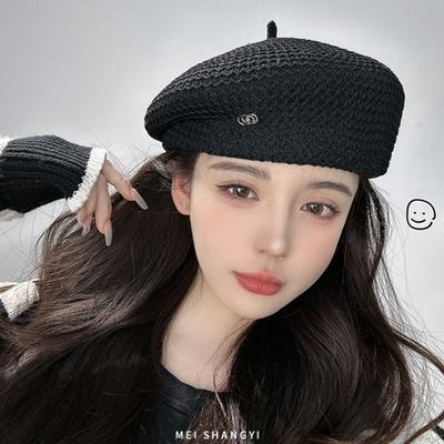 Summer New Hat Women's Sunshade Thin Knitted Beret Versatile Breathable Hollowed Out Big Head Bud Painter Hat