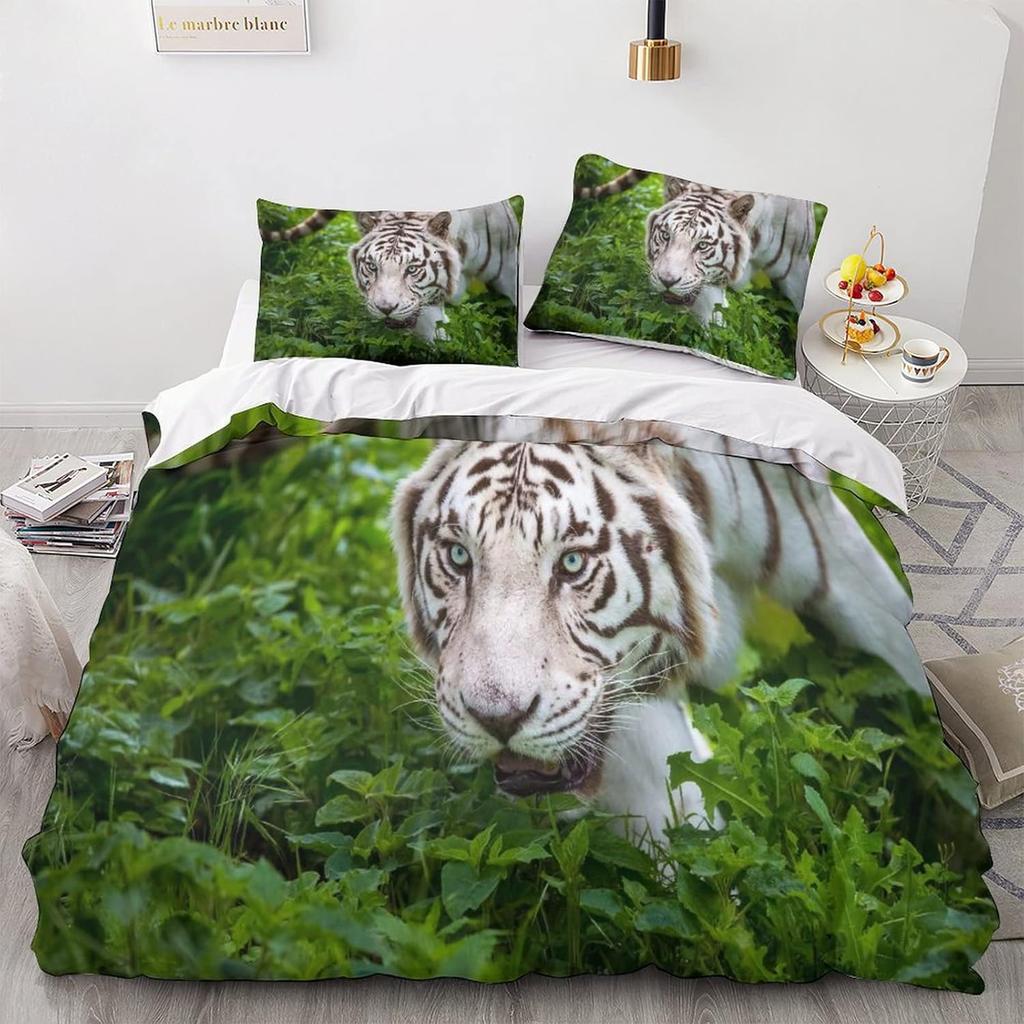 Zestaw 3-częściowy z mikrofibry z nadrukiem Tygrys dla Dzieci Chłopców, Pościel z poszewką na kołdrę 3D Biały Tygrys Zestaw 3D Drukowana Poszwa na Kołdrę z Poszewką na Poduszkę