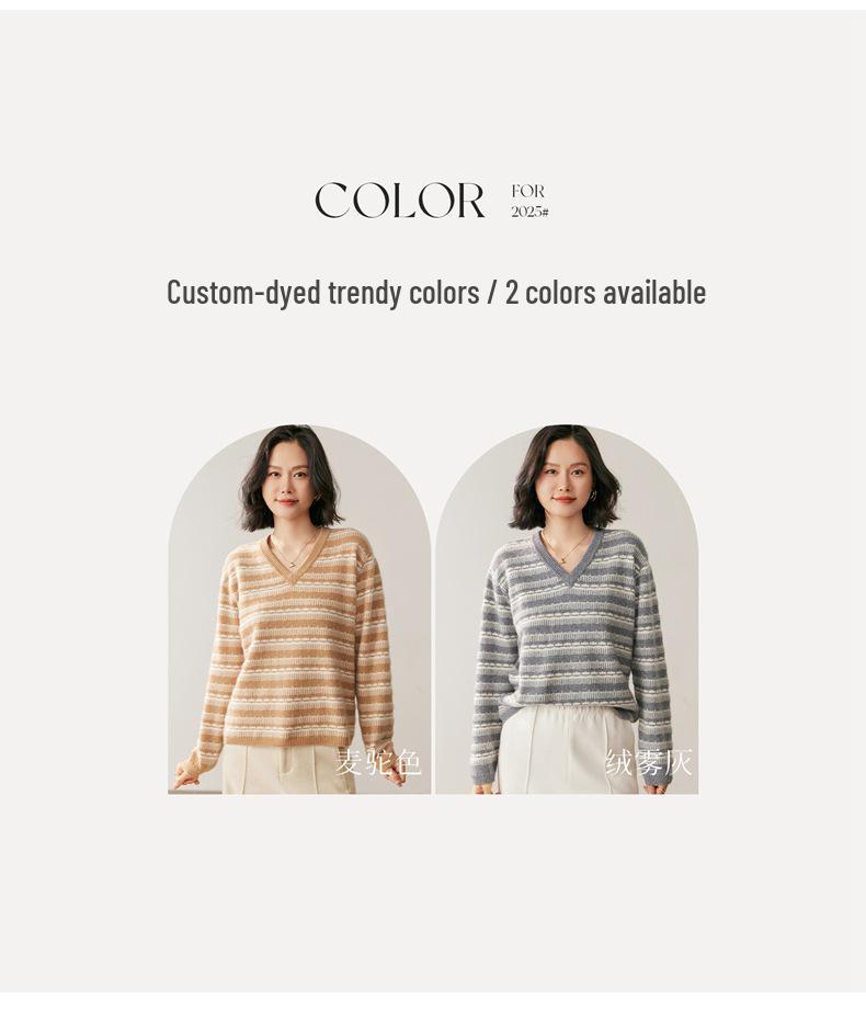 Women's Color Block V-Neck Cashmere Sweater - 2025 Autumn/Winter Korean Style Loose Slimming Pullover