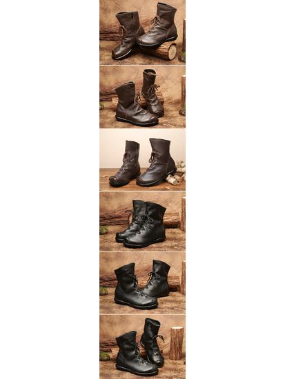 Original Genuine Leather Low Heel Ankle Boots - Retro Style for Autumn/Winter Women's Fashion