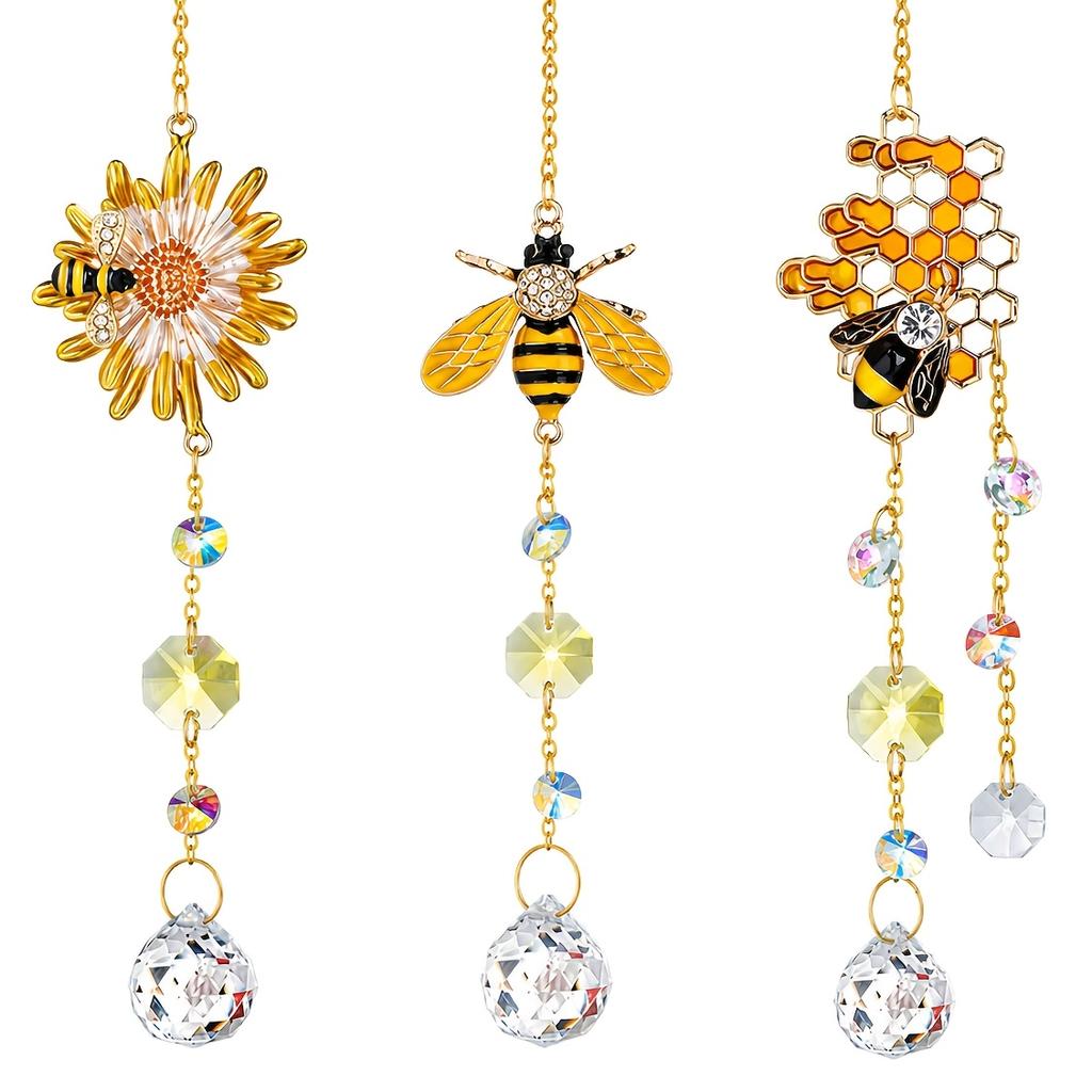 Hanging Crystal Suncatcher Bee Daisy Honeycomb Ornament Crystal Prism Rainbow Maker Window Garden Decorative Holiday Present