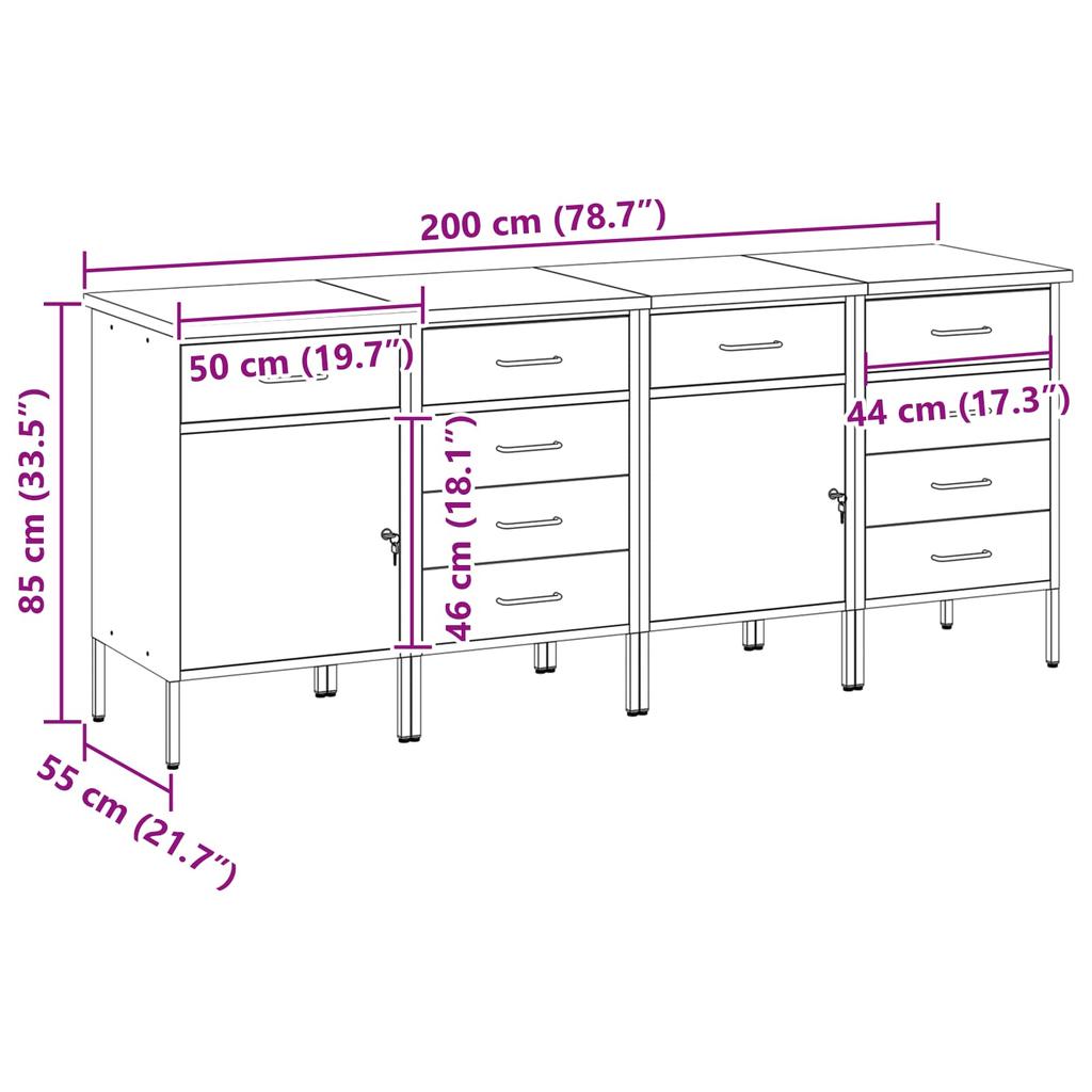 Workbench with Drawers 4 pcs Red and Grey 200 x 55 x 85 cm