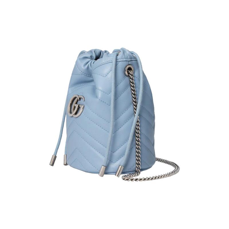Gucci crossbody bag GG Marmont Silver Label Logo Quilted Leather Drawstring Bucket Chain Shoulder Mini Women's Light Blue Candy Color Unicorn Color